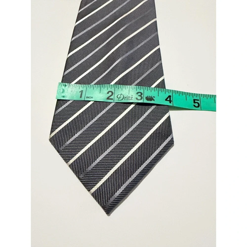 Tasso Elba Repp‎ Necktie Grey Silver Cream Striped Silk Hand Made Classic Tie
